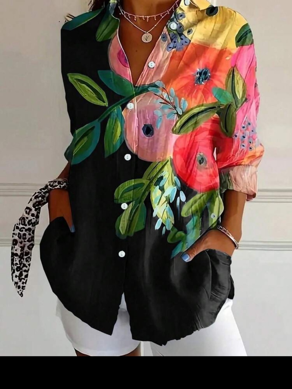 SHEIN Black Button-Down Shirt with Multicolor Floral Print